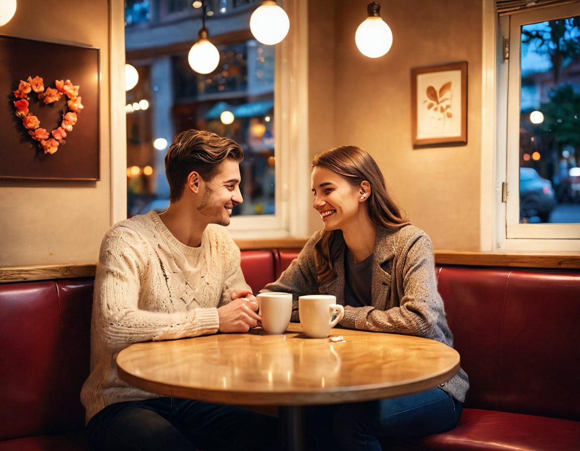 A warm and inviting scene featuring two people sitting close together in a cozy café, sharing an intimate moment over coffee, with soft lighting emphasizing their smiles. Include heart-shaped symbols subtly in the background, representing love and connection, while gentle flowers bloom around them. The atmosphere should convey warmth and emotional depth. super-realistic. vibrant colors. soft focus.
