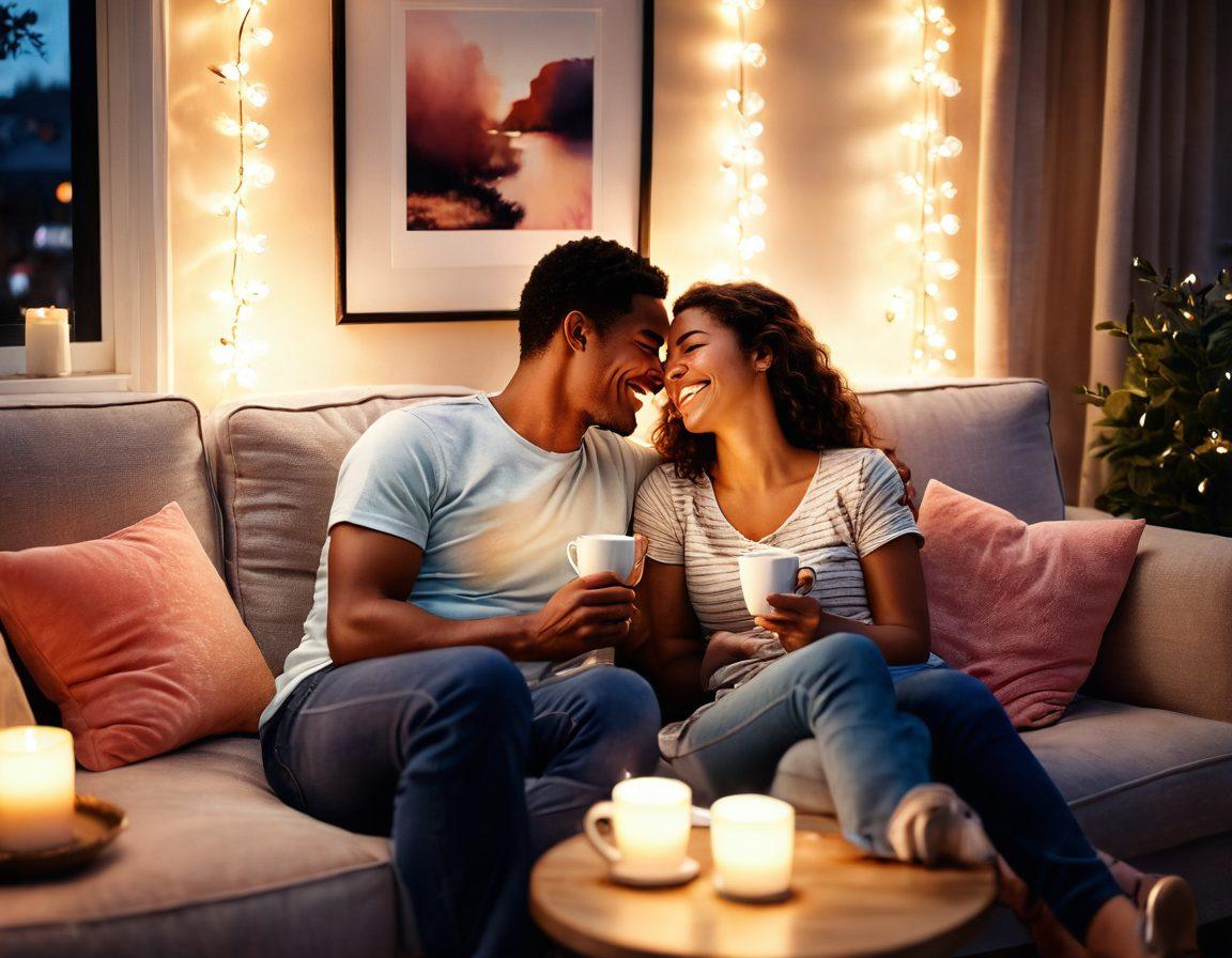 A warm and inviting scene depicting a couple sitting close together on a cozy couch, sharing a heartfelt laugh while surrounded by soft, glowing lights. Include elements like a heart-shaped pillow and a steaming cup of tea on a table, symbolizing comfort and connection. The background should have gentle, pastel colors to evoke emotional warmth and intimacy. super-realistic. vibrant colors.