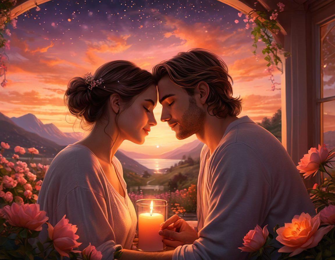 A cozy, intimate scene depicting a couple sharing a tender moment under a starlit sky, surrounded by soft candlelight and blooming flowers. The backdrop features a vibrant sunset, casting romantic hues of pink and orange. Their expressions radiate deep love and connection, capturing the essence of passionate romance. Illustrate elements of warmth and emotion with a dreamy atmosphere. super-realistic. vibrant colors.